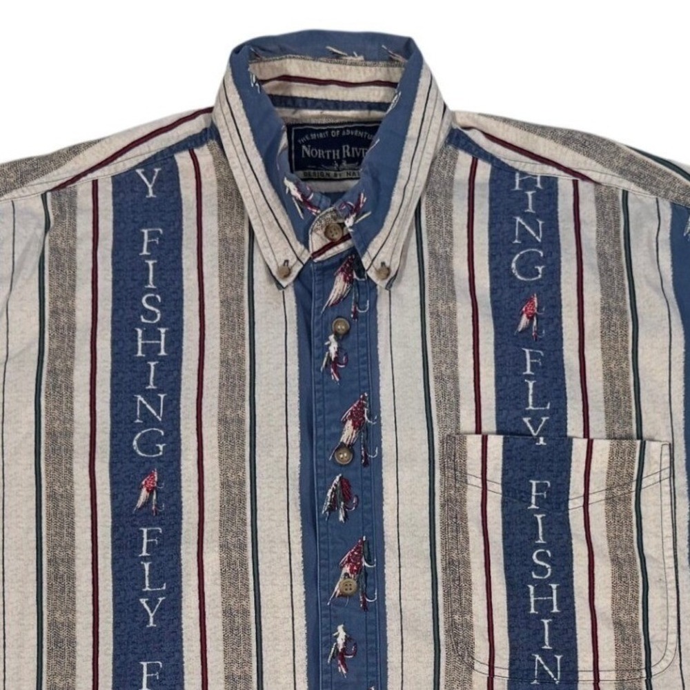 NORTH RIVER Men's Fly Fishing Striped‎ Short Sleeve Button Down Shirt Bird Print